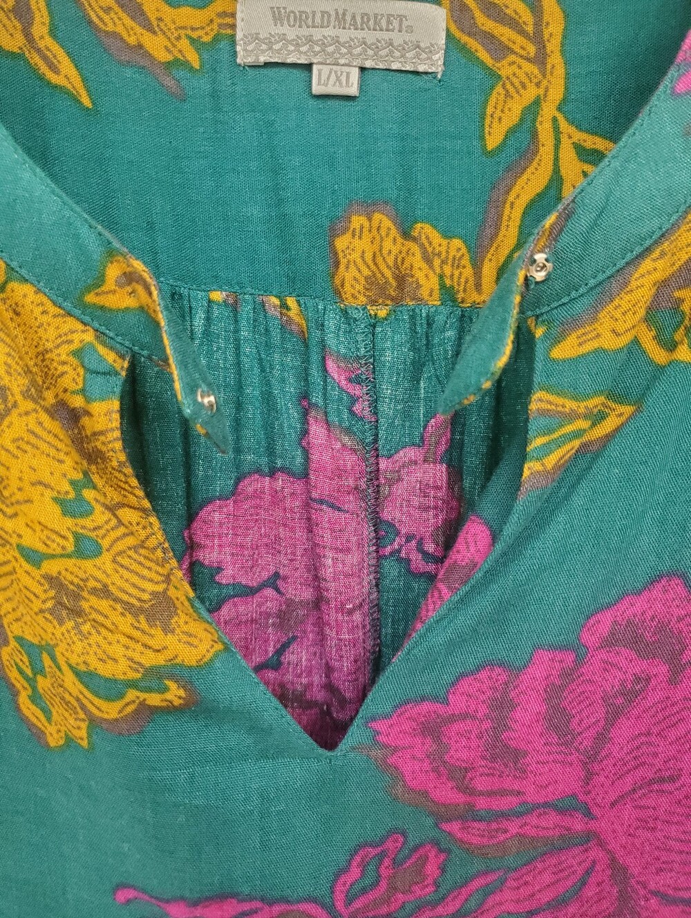 Cost Plus World Market Teal Tunic with Pink and Mustard Floral Accents L/XL - Picture 5 of 9
